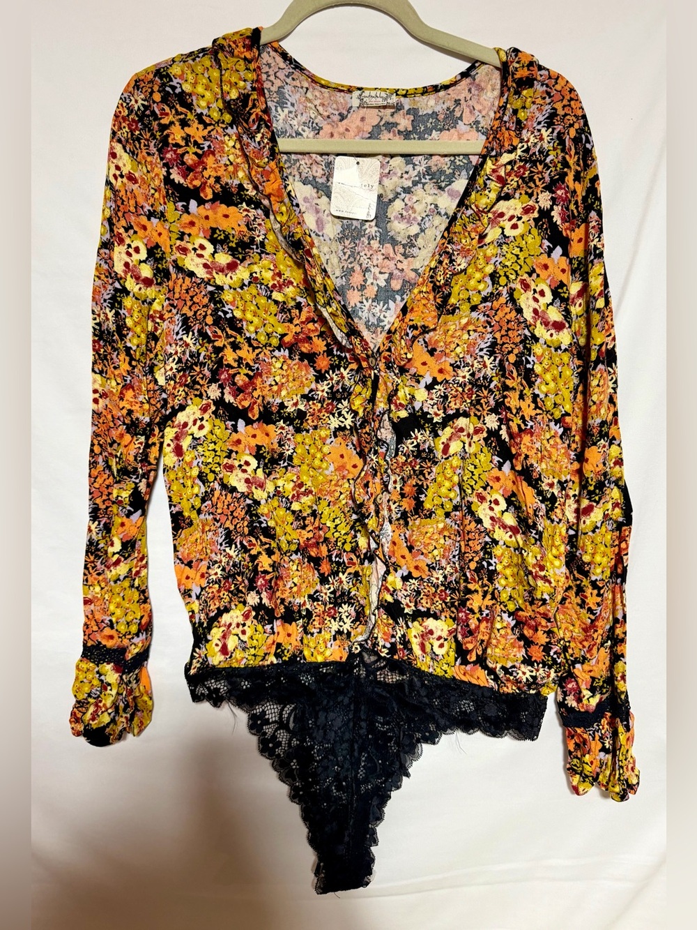 Free People Heatwave Bodysuit Midnight Combo Floral Long Sleeve, Sz L, NWT